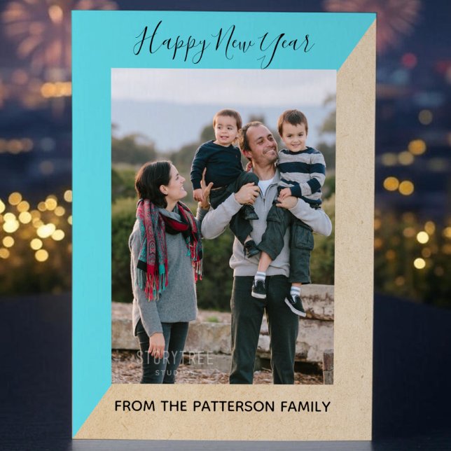 Festividades Cartão plano fotográfico de Ano Novo Turquoise Mod (Turquoise Modern Slant New Years Photo Card)