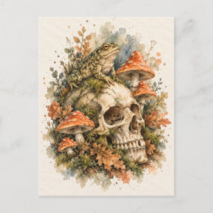 Festividades Cartão Postal Aquarela de Rã, Caveira e Cogumelos