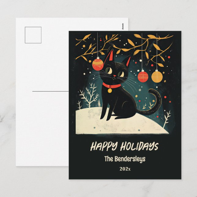 Festividades Cartão postal de Feriado de Gato Preto Retroativo (Frente/Verso)