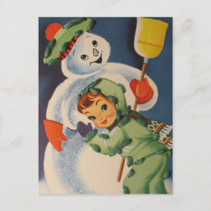 Festividades cartão postal de férias de menino de neve vintage
