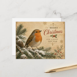 Festividades cartão postal de natal com um robin em uma árvore