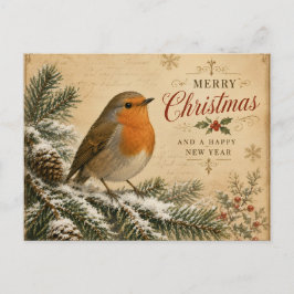 Festividades cartão postal de natal com um robin em uma árvore