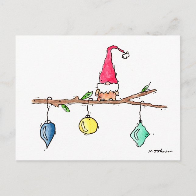 Festividades Cartão postal de Natal Gnome, galho e ornamentos (Frente)