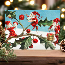 Cartão postal de Natal vintage com elfos e azevinh
