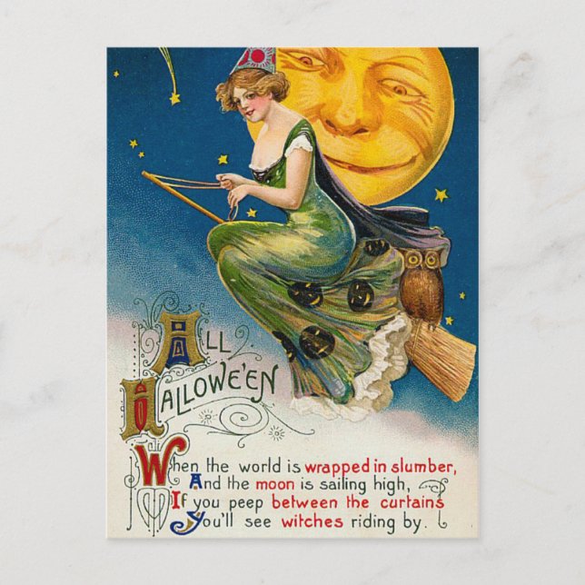 Festividades Cartão postal de Vintage Halloween bruxa e lua (Frente)