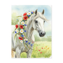 Cartão postal floral de aquarela de cavalo branco