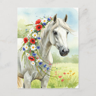 Festividades Cartão postal floral de aquarela de cavalo branco