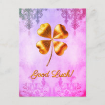 Cartão Postal Trevo de Quatro Folhas Rosa Dourado