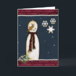 Festividades Cartão primitivo do Natal do boneco de neve<br><div class="desc">O cartão primitivo do Natal com um boneco de neve que reliaxing no céu nocturno com a neve lasca-se caindo.</div>