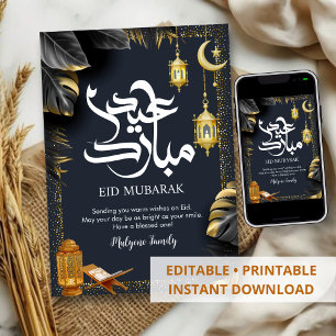 Festividades Cartão Tropical Preto e Dourado de Eid Mubarak com