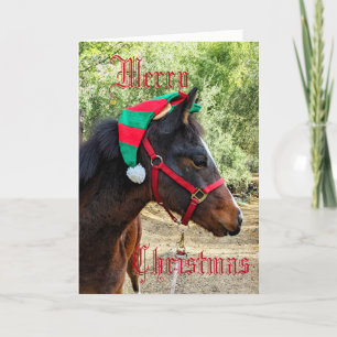 Festividades Cavalo com Chapéu de Elfo em Cartão de Natal Dobra
