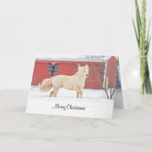 Cavalo correndo no cartão de feriado de neve dobra