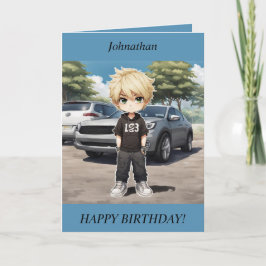 Festividades Chibi Boy parado por um cartão de aniversário de c