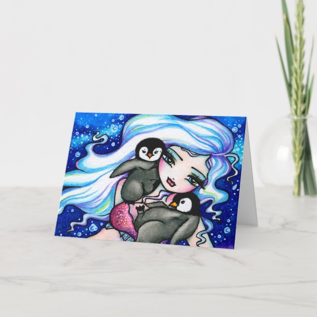 Festividades COR O SEU PRÓPRIO Cartão de Natal Pinguim Sereia (Frente)