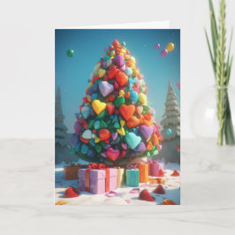 Festividades Corações de Arco-Íris no Cartão da Árvore de Natal