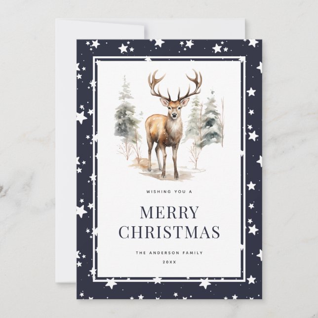 Festividades Deer Stag Starry Blue Cartão de Natal Merry (Frente)