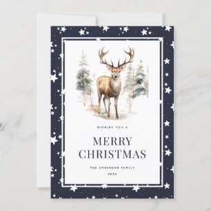 Festividades Deer Stag Starry Blue Cartão de Natal Merry