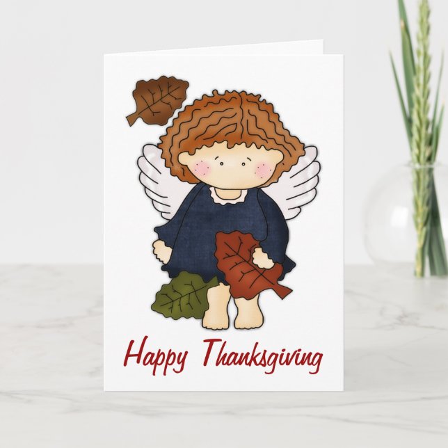 Festividades Fall Angel com Folhas Feliz Cartão de Ação de Graç (Frente)