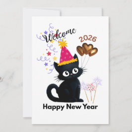 Festividades Feliz Ano Novo 2026 Cartão de Gato Preto