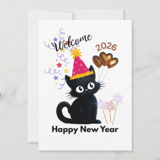 Festividades Feliz Ano Novo 2026 Cartão de Gato Preto
