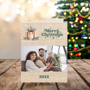 Festividades Feliz cartão com fotos de burlap de Natal