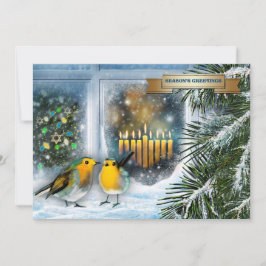Festividades Feliz Hanukkah. Cena de Neve com Cartão Menorah