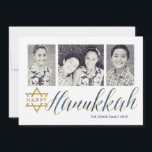 Festividades Feliz Relógio de Hanukkah| Cartão Hanukkah<br><div class="desc">Envie seus cartões de natal em estilo com este cartão Hanukkah de 3 fotos com texturas falsas de brilho.</div>