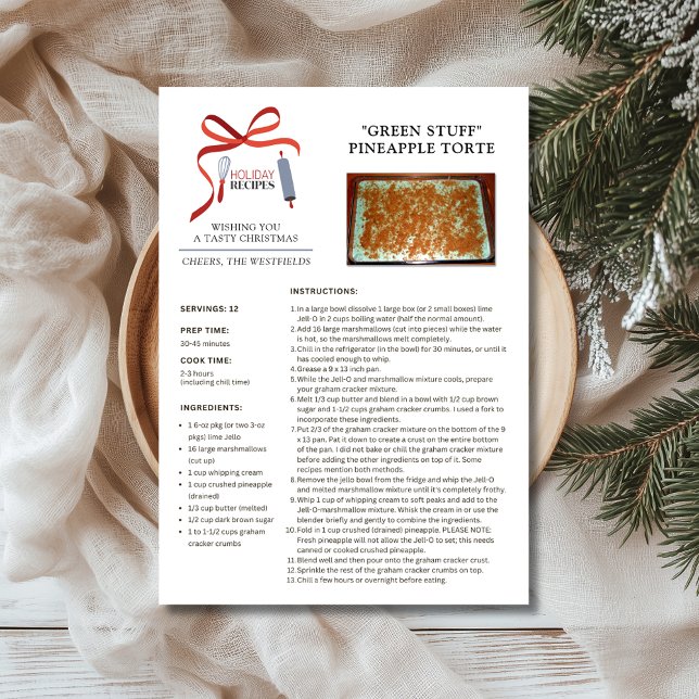 Festividades Feriado Recebe Cartão de Natal de Coisas Verdes (Holiday Recipes Green Stuff Pineapple Torte Christmas Card 5x7)