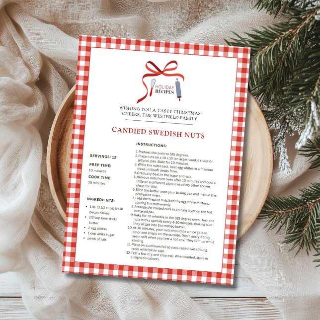 Festividades Feriado Recebe Cartão de Natal de Loucos Suecos (Candied Swedish Nuts Red Check Buffalo Plaid Holiday Recipe Christmas Card)