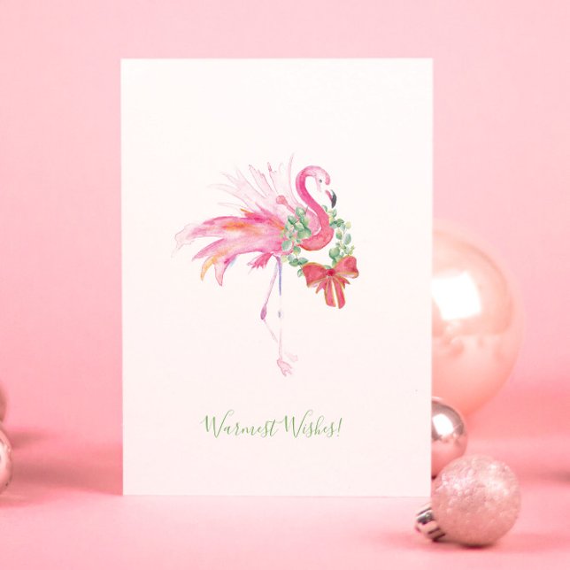 Festividades Flamingo rosa com cartão de Natal de praia em Wrea (Christmas cards Florida beach watercolor pink flamingo by artist Victoria Grigaliunas)