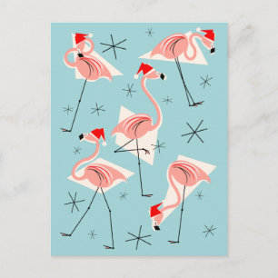 Festividades Flamingo Santas Retrato de cartão postal azul