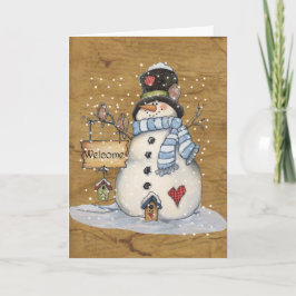 Festividades Folk Art Snowman sobre Cartão de Saudação de Perga