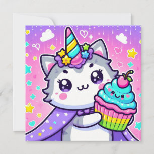 Festividades Gatinho Kawaii com Cartão de Nascimento de cupcake