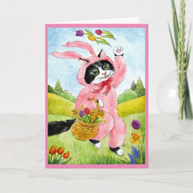 Festividades Gato bonito com flores no cartão de macacão (Frente)