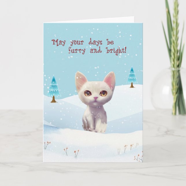 Festividades Gato branco bonito no cartão de Natal da neve (Frente)