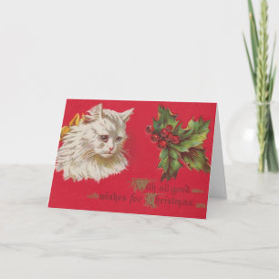 Festividades Gato branco vitoriano e cartão de Natal Holly