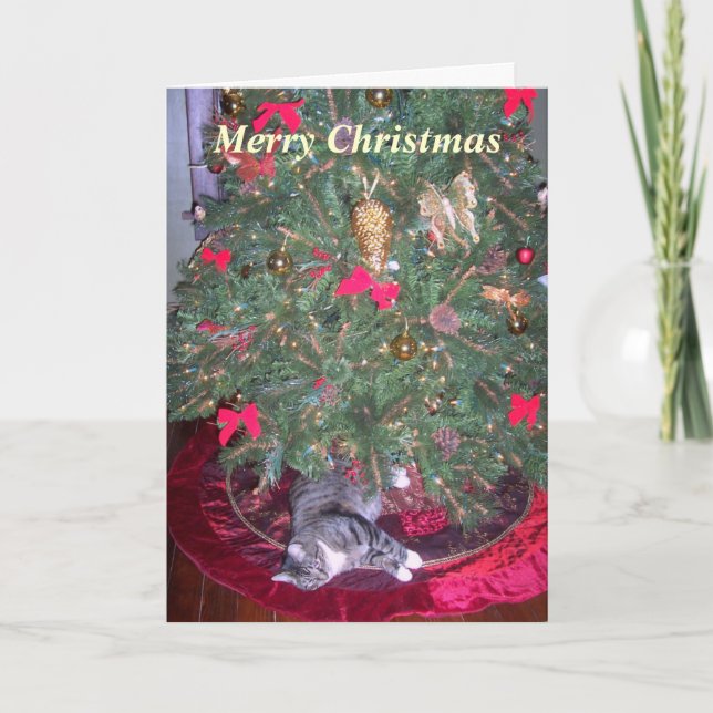 Festividades Gato debaixo do cartão de Natal da árvore (Frente)