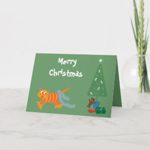 Festividades Gato Engraçado Com Tinsel No Cartão De Natal Verde