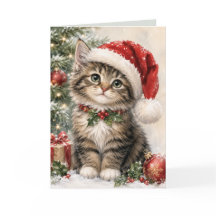 Gato Festivo com Chapéu de Papai Noel Cartão de Na