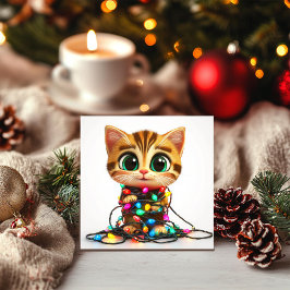 Festividades Gato Listrado Envolvido em Luzes de Feriado Cartão