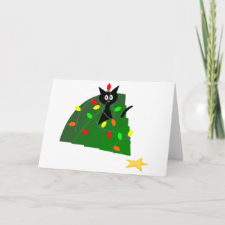 Festividades Gato preto engraçado no cartão de Natal da árvore