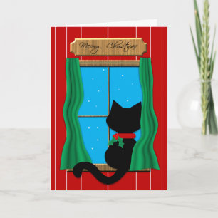 Festividades Gato preto na janela nevado - cartão de Natal de