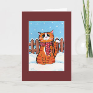 Festividades Ginger Tabby Cat no Cartão de Natal da Neve