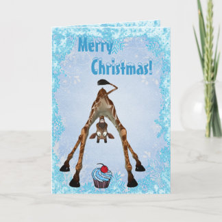 Festividades Girafa engraçado & cartão de Natal azul do cupcake