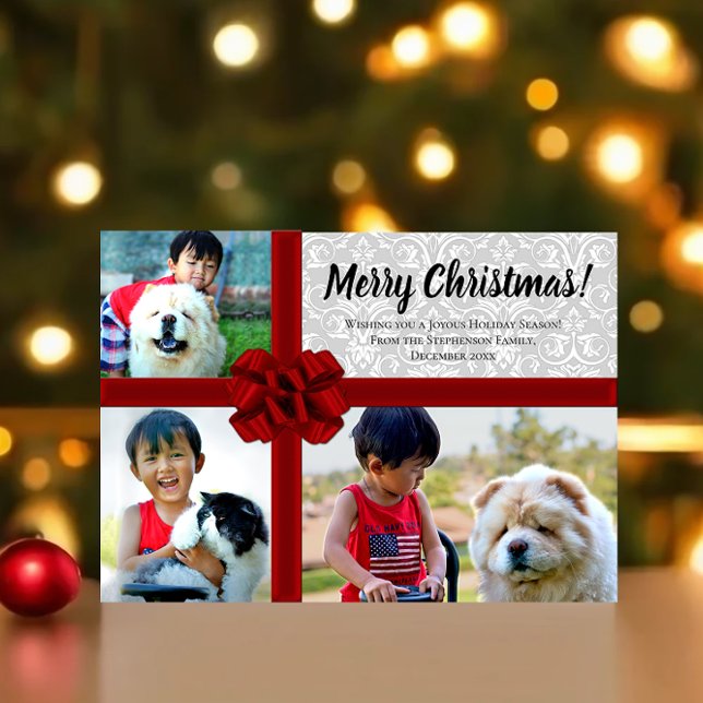 Festividades Grande Arco Vermelho Presente 3 Cartão de Natal De (unique 3 photo bow collage photo christmas card)