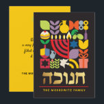 Festividades Hanukkah Chanukah moderno cartão de saudação judai<br><div class="desc">Hanukkah / Chanukah - Cartão Geométrico Colorido Moderno com Folha de Ouro Faux. Menorah, Dreidel, Rosquinhas, estrelas e azeite... Estão todos aqui. Símbolos hebraicos e judeus de Hanukkah espaço para adicionar seu texto personalizado na frente e ao contrário. Feliz desejo Hanukkah. Hebraico na frente diz "Chanukah". Esta bela, bela, olha,...</div>