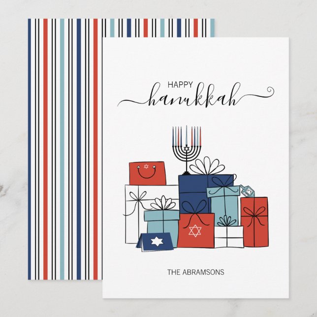 Festividades Hanukkah dá presentes e cartão de feriado menorah (Frente/Verso)