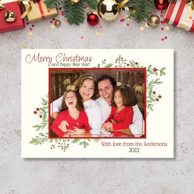 Festividades Holly Berries e deixa o Cartão de Natal Fotográfic (Holly Christmas Card with 1 photo)