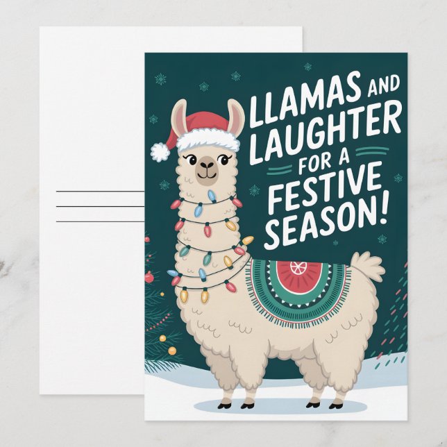 Festividades Lhamas E Estação Festiva - Cartão De Natal (Frente/Verso)
