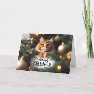 Festividades Maine Coon Cat em um Cartão de Árvore de Natal